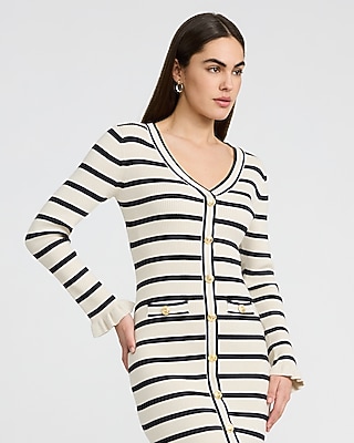 Striped V-Neck Long Sleeve Novelty Button Midi Dress - image 2