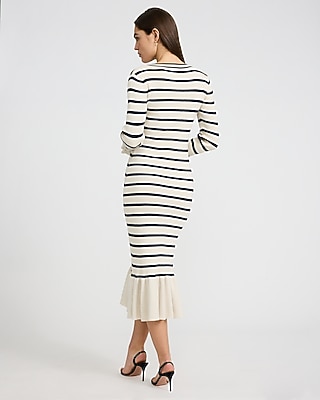 Striped V-Neck Long Sleeve Novelty Button Midi Dress - image 3