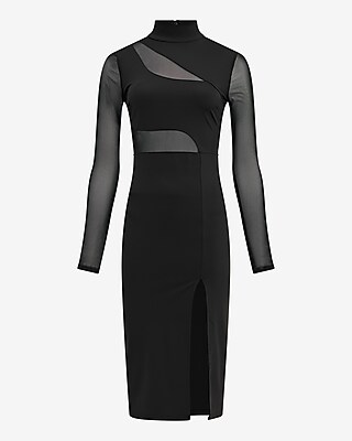 Mesh Mock Neck Long Sleeve Midi Sheath Dress - image 4