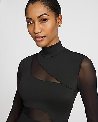 Mesh Mock Neck Long Sleeve Midi Sheath Dress - image 2