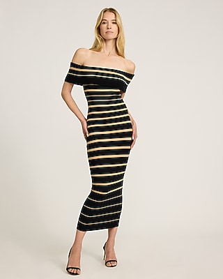 Striped Off The Shoulder Midi Sweater Dress