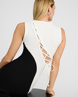 Color Block Lace Back Crew Neck Sleeveless Maxi Sweater Dress - image 3