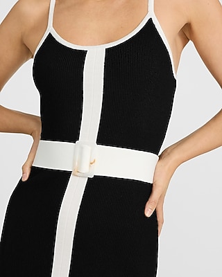 Color Block Scoop Neck Sleeveless Belted Maxi Sweater Dress