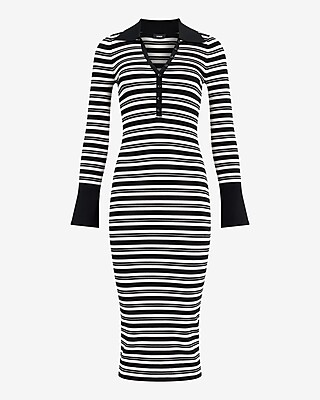 Striped Long Sleeve Button Front Midi Polo Dress
