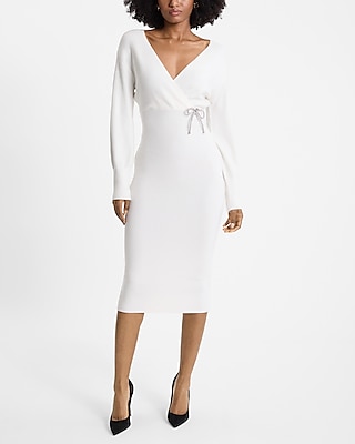 Rhinestone Bow Surplice Midi Sweater Dress