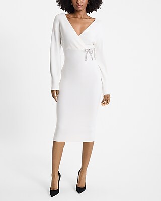 Rhinestone Bow Surplice Midi Sweater Dress