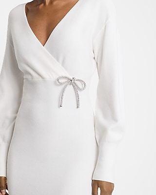 Rhinestone Bow Surplice Midi Sweater Dress