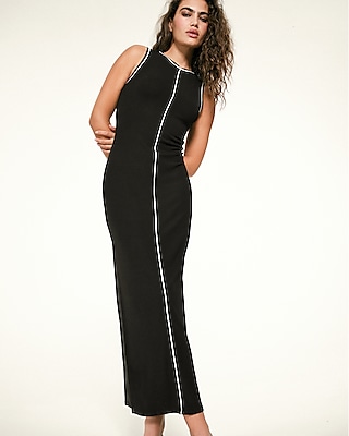 Piped Ribbed Crew Neck Sleeveless Midi Dress