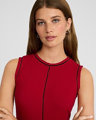 Piped Ribbed Crew Neck Sleeveless Midi Knit Dress