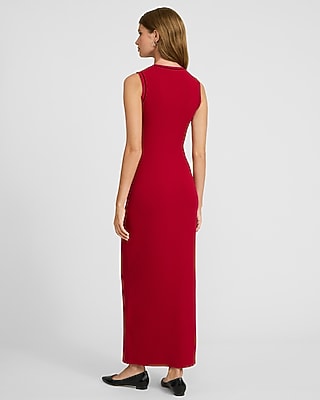 Piped Ribbed Crew Neck Sleeveless Midi Knit Dress