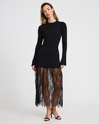 Long Sleeve Sheer Lace Midi Sweater Dress | Express
