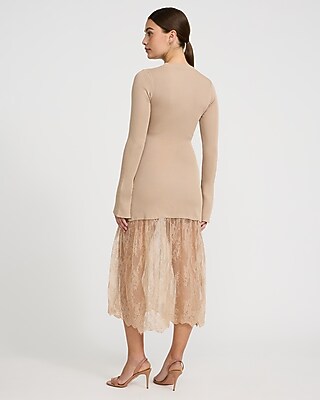 Long Sleeve Sheer Lace Midi Sweater Dress | Express