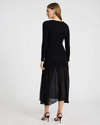 Mixed Media Square Neck Long Sleeve Midi Dress