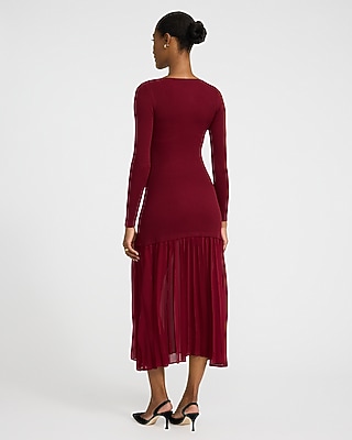 Mixed Media Square Neck Long Sleeve Midi Dress