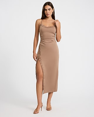 Lace Trim Scoop Neck Front Slit Ruched Maxi Dress