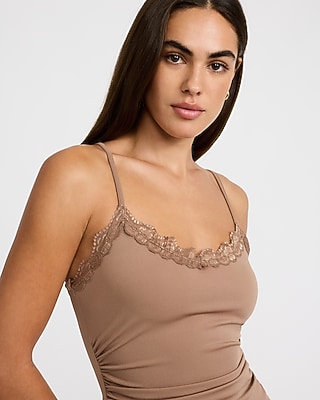 Lace Trim Scoop Neck Front Slit Ruched Maxi Dress