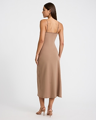 Lace Trim Scoop Neck Front Slit Ruched Maxi Dress
