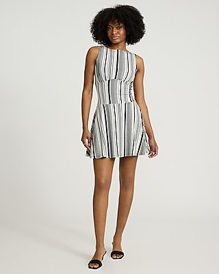 Striped Boat Neck Sleeveless Drop Waist Mini Fit And Flare Dress