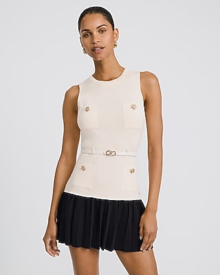 Color Block Crew Neck Gold Button Belted Mini Sweater Dress