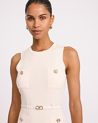 Color Block Crew Neck Gold Button Belted Mini Sweater Dress