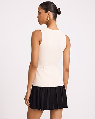 Color Block Crew Neck Gold Button Belted Mini Sweater Dress
