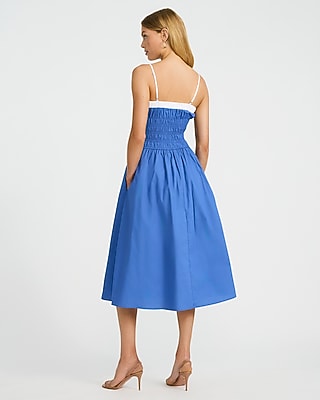 Poplin Color Block Smocked Square Neck Maxi Dress with Pockets