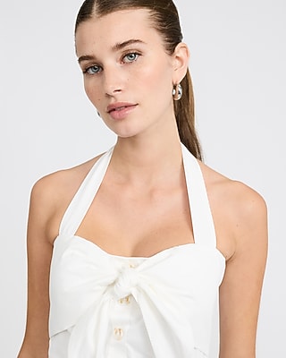 Tie Halter Bow Button Front Smocked Back Mini Dress with Pockets in Ivory - image 2