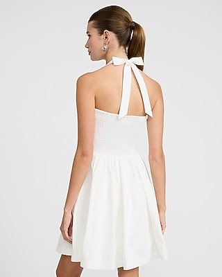 Tie Halter Bow Button Front Smocked Back Mini Dress with Pockets in Ivory - image 3