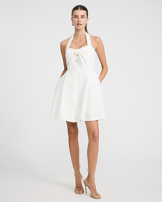 Tie Halter Bow Button Front Smocked Back Mini Dress with Pockets in Ivory - image 4