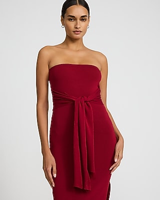 Strapless Tie Front Midi Sweater Dress