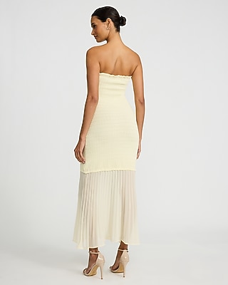 Strapless Mixed Media Smocked Tulle Maxi Dress