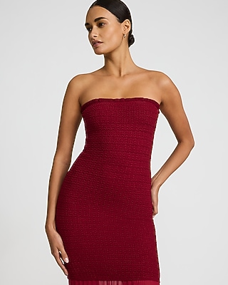 Strapless Mixed Media Smocked Tulle Maxi Dress