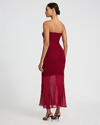 Strapless Mixed Media Smocked Tulle Maxi Dress