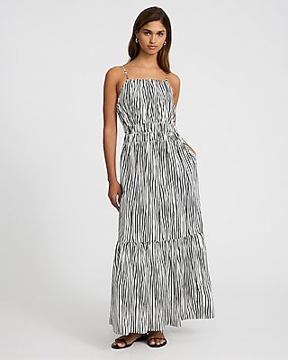 Poplin Striped Sleeveless Smocked Tiered Maxi Dress