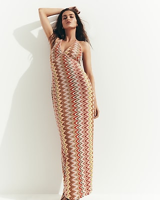 Printed Crochet Halter V-Neck Maxi Dress