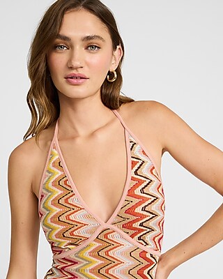 Printed Crochet Halter V-Neck Maxi Dress
