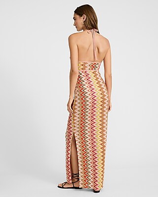 Printed Crochet Halter V-Neck Maxi Dress