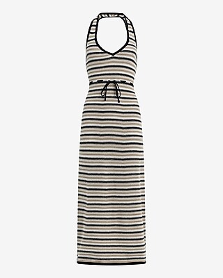 Crochet Striped Halter V-Neck Maxi Sweater Dress