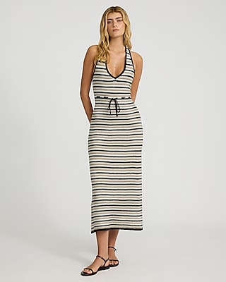 Crochet Striped Halter V-Neck Maxi Sweater Dress