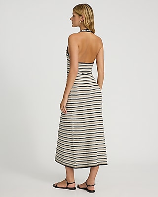 Crochet Striped Halter V-Neck Maxi Sweater Dress