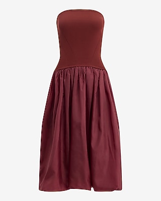Mixed Media Strapless Drop Waist Bubble Hem Midi Dress with Pockets