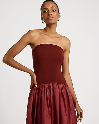 Mixed Media Strapless Drop Waist Bubble Hem Midi Dress with Pockets