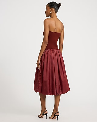 Mixed Media Strapless Drop Waist Bubble Hem Midi Dress with Pockets