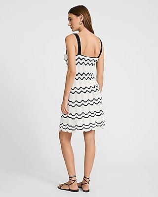 Crochet Wavy Striped Square Neck Mini Sweater Dress