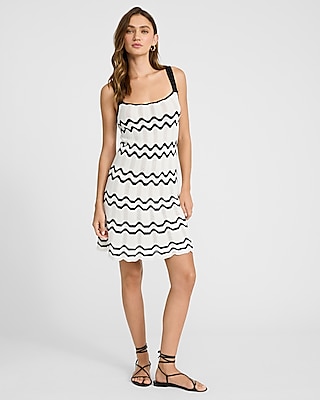 Crochet Wavy Striped Square Neck Mini Sweater Dress