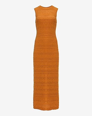 Crochet Crew Neck Sleeveless Midi Sweater Dress