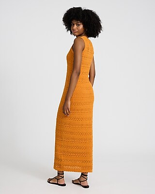 Crochet Crew Neck Sleeveless Midi Sweater Dress