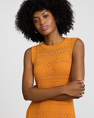 Crochet Crew Neck Sleeveless Midi Sweater Dress