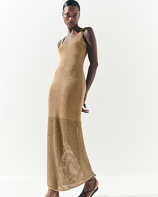 Metallic Crochet Scoop Neck Maxi Sweater Dress