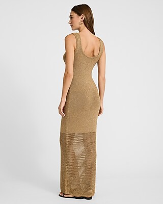 Metallic Crochet Scoop Neck Maxi Sweater Dress